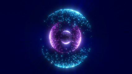 Abstract blue and purple layered energy spheres with glowing particles creating depth and motion