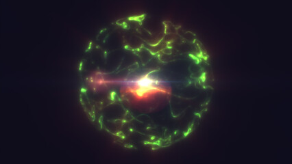 Abstract sphere glowing with green and orange plasma light, symbolizing energy fusion and transformation