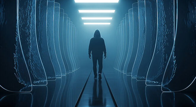 Mysterious Figure in Futuristic NeonLit Corridor.