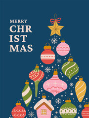 Cute Merry Christmas greeting card with baubles and decorations creating Xmas tree silhouette vector illustration.  Winter holiday background