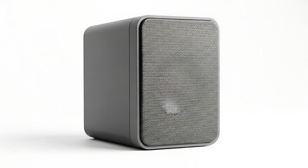 A close up view of a gray rectangular speaker with a metal mesh front on a white background space ai generated