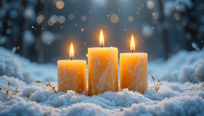 three golden candles glow warmly amidst a snowy landscape creating a peaceful and serene winter scene with soft light