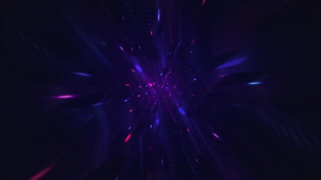 Futuristic neon zoom effect background a portal of exploding energy beams, particles and flares. Ideal for gaming and technology concepts. This dark stylish cyberpunk animation is full HD and a loop.