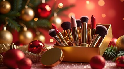 Holiday makeup set displayed elegantly with brushes and lipsticks against a festive backdrop