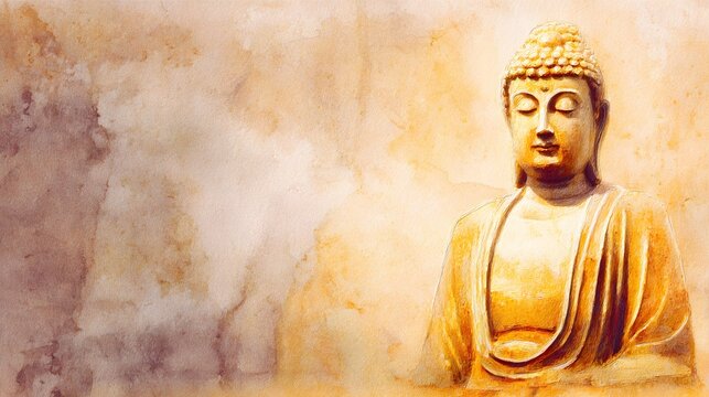 Serene Buddha statue watercolor illustration radiates peaceful golden hues spiritual art concept - Powered by Adobe