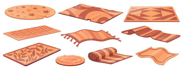 Cartoon wool carpets. Brown craft rugs, mat traditional flooring cozy home interior living room floor decoration oriental rug roll doormat soft carpet set, neat vector illustration