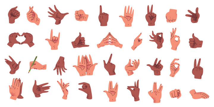 Cartoon hands language. Hand different gestures, open closed palm write pose fist punch grip heart gesture finger touch arm hold position human palms set classy vector illustration