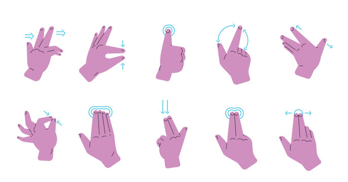 Touch screen gestures. Hand finger gesture for touchscreen phone sensory screen, fingers zoom click swipe pinch scroll left right slide mobile tap move classy vector illustration