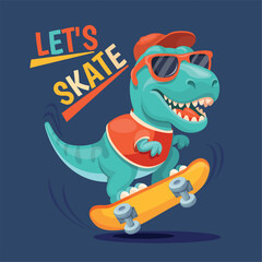 Dinosaur skater. Cool dino on skate, cute trex skateboard cartoon tyrannosaurus raptor character child apparel t shirt print design kid boy fashion clothes neat vector illustration © ssstocker