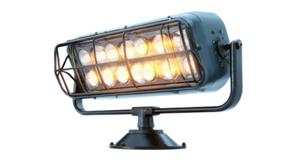 Industrial metal spotlight lamp with multiple glowing bulbs and protective cage showcasing vintage rugged construction and dramatic illumination for interior design on white background