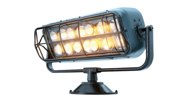 Industrial metal spotlight lamp with multiple glowing bulbs and protective cage showcasing vintage rugged construction and dramatic illumination for interior design on white background