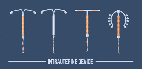Iud types. Copper intrauterine contraceptive device, mirena coil iucd uterine implant placement hormonal birth control method contraception equipment set neat vector illustration