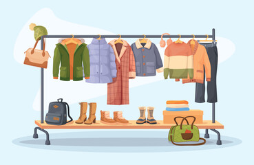 Winter clothes rack. Fashion outfit on hanger rail, cold autumn spring season female male wardrobe coats woman bag secondhand store apparel warm wear shop neat vector illustration