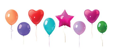 Realistic inflated balloons. 3d colorful ballon with string, birthday celebration party decoration anniversary festive flying air balls heart star figure, exact vector illustration