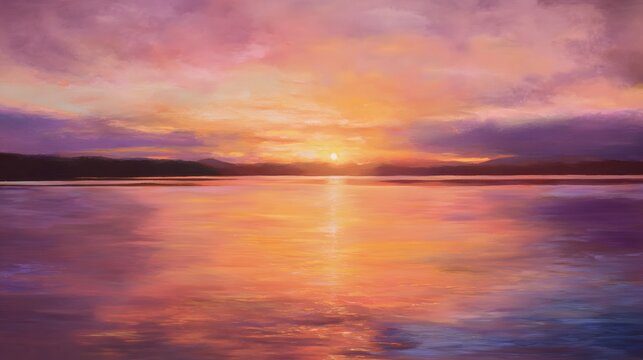 Serene sunset lake painting warm golden hues create a peaceful tranquil landscape vista - Powered by Adobe