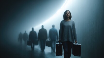 Woman Walking with Suitcase in Foggy Tunnel with Silhouettes of People