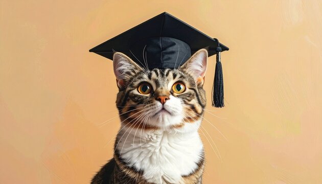 Tabby cat wearing a black graduation cap with tassel on a peach-colored background.