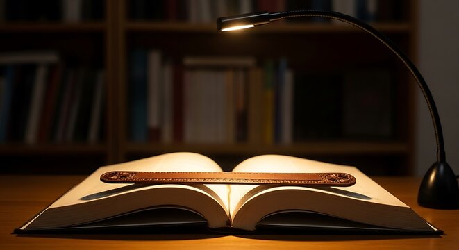 Open book with a bookmark under a desk lamp in a dimly lit room with a bookshelf background