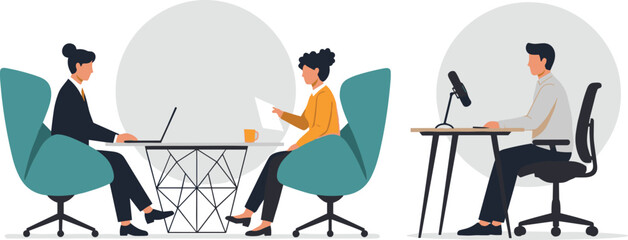 Collection of modern business illustrations, including two women in a meeting or job interview and a man podcasting at a desk with a microphone.