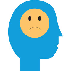 Abstract Blue Human Head Silhouette Containing Sad Yellow Smiley Face Emotion Inside on Transparent Background