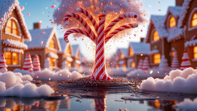 AI-generated image of a winter wonderland of Christmas spirits, where gingerbread houses, candy cane trees, and a milk river come to life