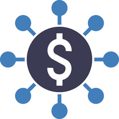 Abstract Circular Financial Icon with Dollar Symbol and Connecting Blue Dots on Transparent Background Representing Currency Exchange and Global Commerce