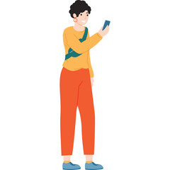 A Young Person Stands Holding a Smartphone in an Orange Jumpsuit and Yellow Top with Blue Accents