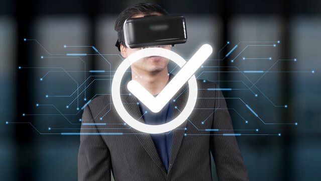A man wearing a virtual reality headset stands against a modern backdrop, with a digital check mark symbolizing success and innovation in the technology landscape. Raster