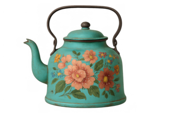 Vintage teal kettle hand-painted with colorful floral design, rustic kitchenware for boiling water, transparent background