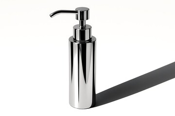 Obraz premium Shiny chrome soap dispenser with a strong shadow on a white background