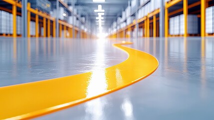 A bright yellow line curves across a clean, polished concrete floor in a large warehouse, guiding the way between rows of tall storage shelves.