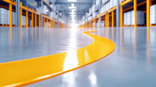 A bright yellow line curves across a clean, polished concrete floor in a large warehouse, guiding the way between rows of tall storage shelves.
