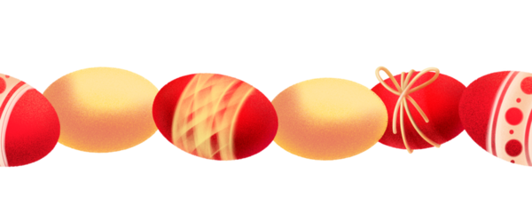 Horizontal Easter border with red and yellow eggs arranged in a festive row on a white background. Suitable for cards, templates, frames, invitations and seasonal holiday layouts