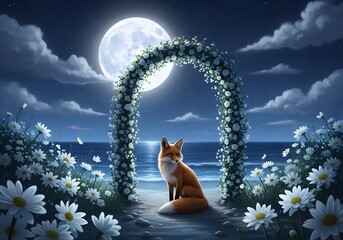 Enchanting Night Scene Fox Under Moonlit Archway of Flowers, Beach, Clouds, and Daisies.