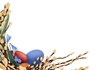 Easter corner decoration with colored eggs, willow branches and spring flowers arranged in a light festive composition on a white background. Suitable for cards, templates and seasonal holiday layouts