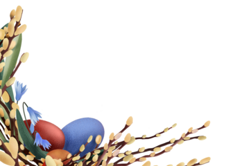 Easter corner decoration with colored eggs, willow branches and spring flowers arranged in a light festive composition on a white background. Suitable for cards, templates and seasonal holiday layouts