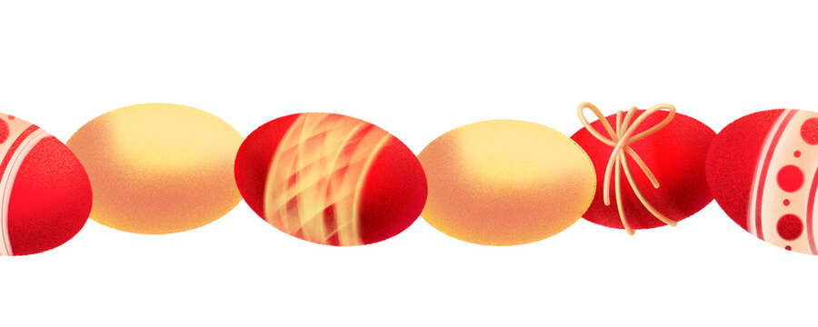 Horizontal Easter border with red and yellow eggs arranged in a festive row on a white background. Suitable for cards, templates, frames, invitations and seasonal holiday layouts - Powered by Adobe