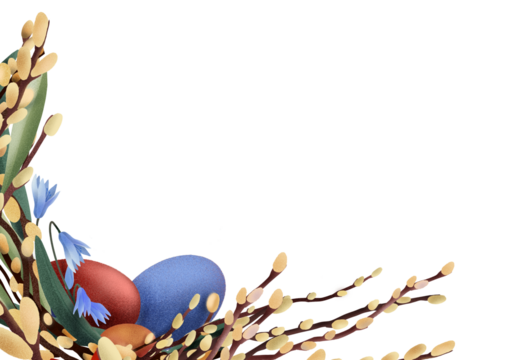 Easter corner decoration with colored eggs, willow branches and spring flowers arranged in a light festive composition on a white background. Suitable for cards, templates and seasonal holiday layouts