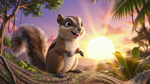 Animated squirrel sitting on a branch at sunset nature background