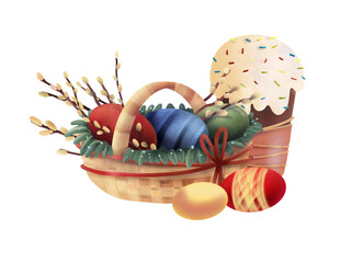 Easter basket with colorful eggs, spring willow branches and traditional cake on a light background. Seasonal element suitable for holiday cards, stickers, templates and festive decorative projects