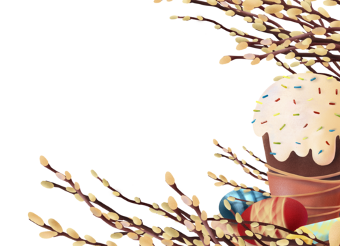 Easter cake, colored eggs and willow branches forming a festive corner border on a white background. Suitable for holiday cards, spring layouts, seasonal templates and decorative design projects