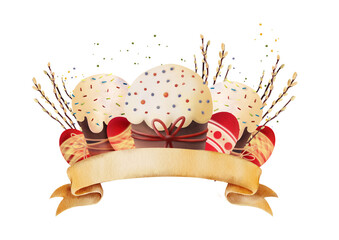 Easter composition with festive cakes, painted eggs, willow branches and decorative ribbon in a...