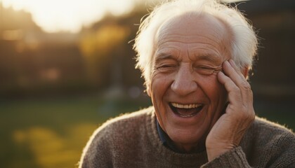 Elderly man laughing with joy outdoors in warm sunset light capturing happiness, wisdom, and gratitude for life and human emotion in golden hour photography