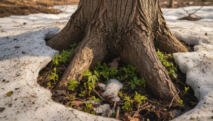 Obraz premium Close-up of tree roots surrounded by melting snow and green sprouts, concept of rebirth, strength of nature and early signs of spring in forest
