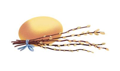 Yellow Easter egg with a bundle of willow branches tied with a blue ribbon, created in soft textured style on a white background, suitable for cards, decor and holiday design