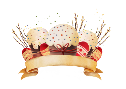 Easter composition with festive cakes, painted eggs, willow branches and decorative ribbon in a soft textured style on a white background, suitable for greeting cards, holiday decor - Powered by Adobe