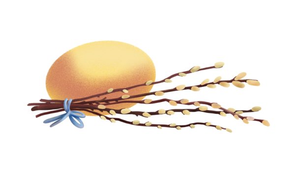 Yellow Easter egg with a bundle of willow branches tied with a blue ribbon, created in soft textured style on a white background, suitable for cards, decor and holiday design