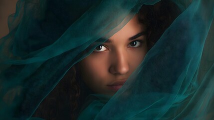 Mysterious portrait of a woman veiled in teal her gaze intense bathed in soft warm light evokes elegance