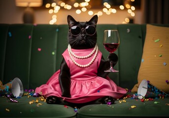 Stylish Black Cat Wearing Sunglasses, Dress, and Pearls, Holding Wine, Festive Party Scene.