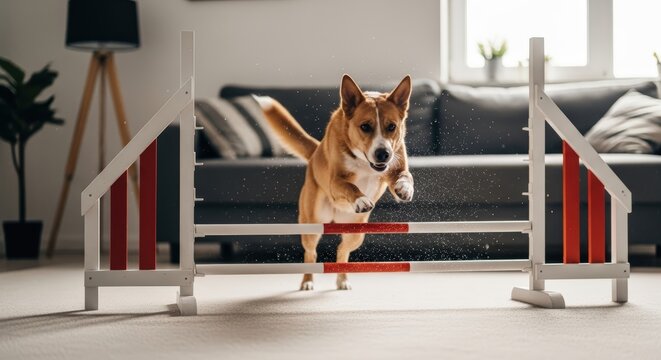 Energetic corgi dog jumping over a red and white agility hurdle in a cozy living room, showcasing athleticism and playfulness in a home environment